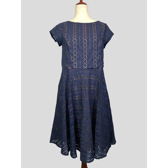 eShakti Navy Blue Eyelet Dress Short Sleeve Fit& Flare Cocktail READ DESCRIPTION - Picture 1 of 14